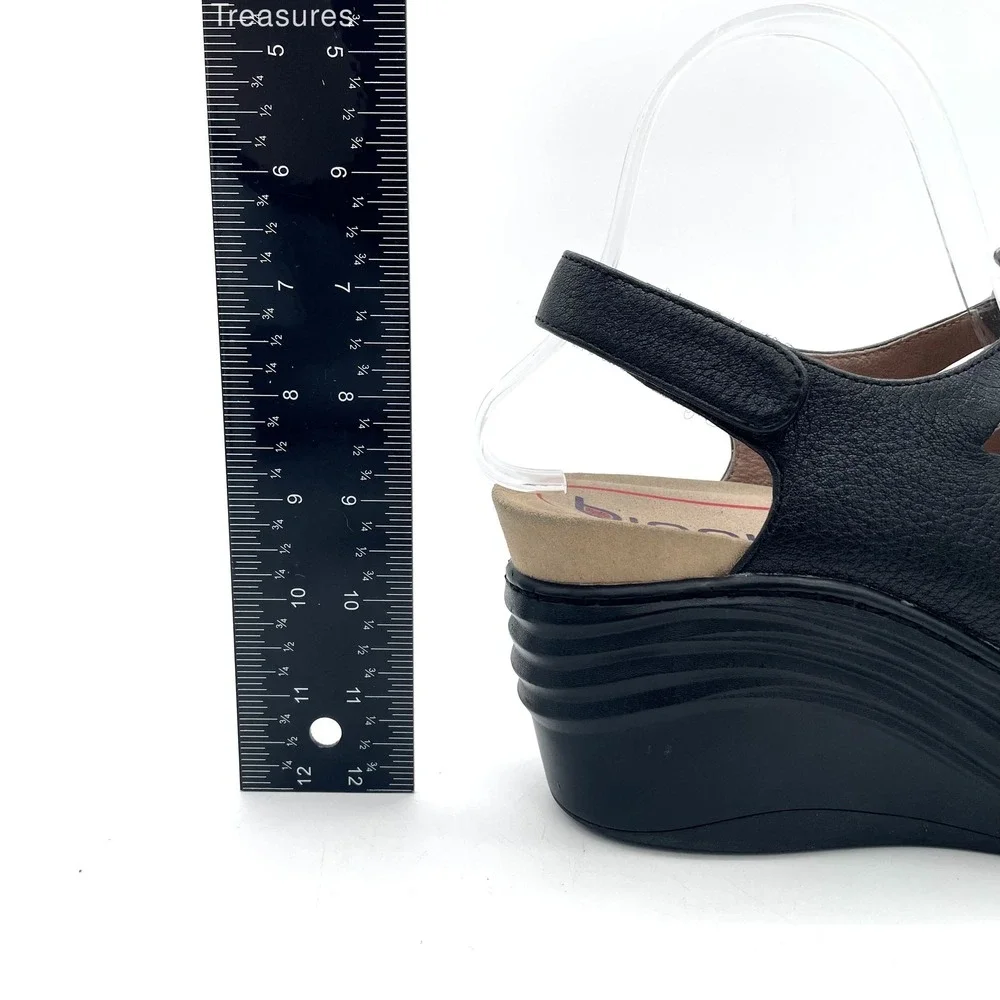Bionica Balance Black Leather Wedge Sandals Womens 7.5M Comfort Lace Up Boho